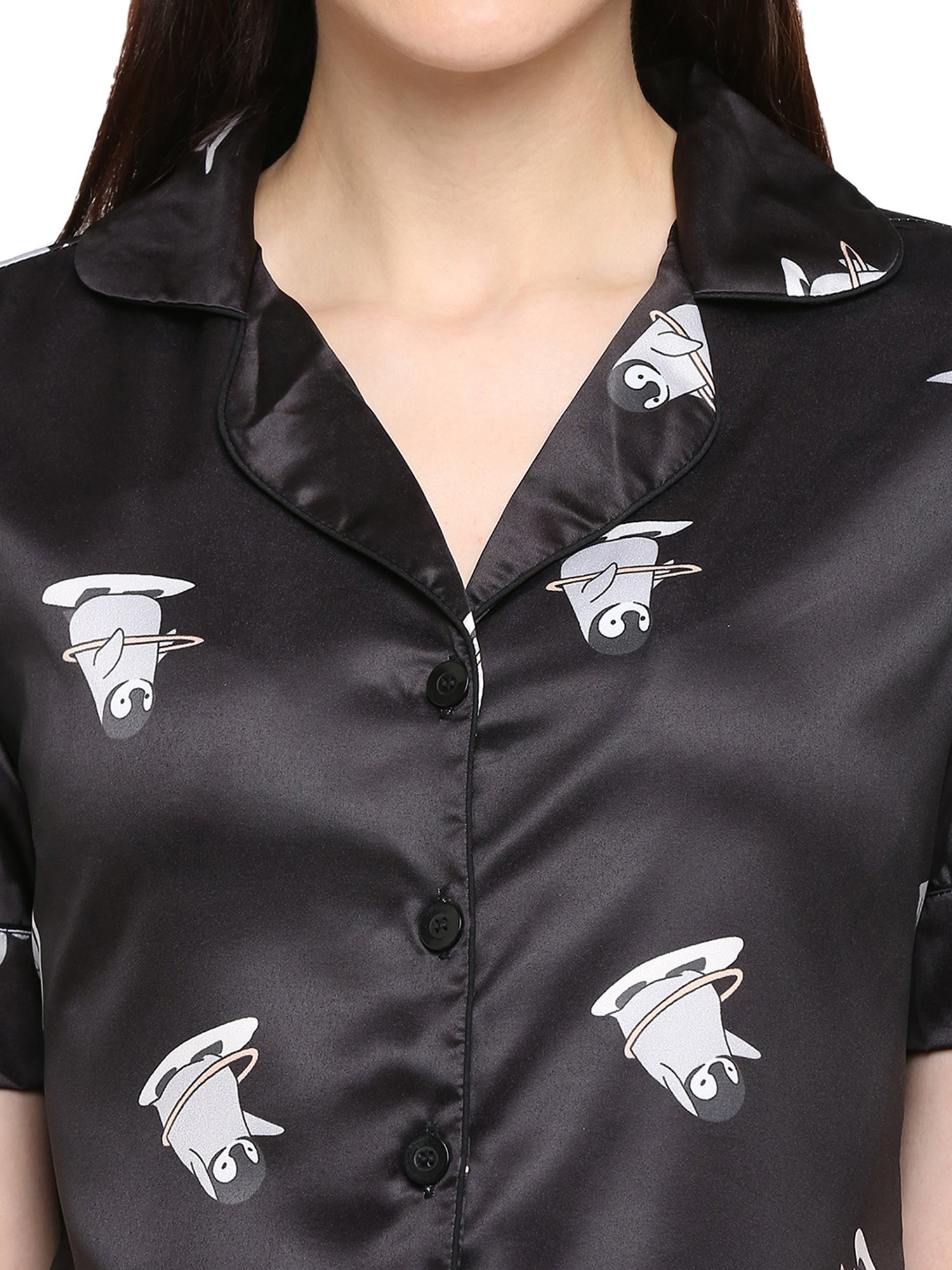 Smarty Pants Black and White Satin Print Shirt With Pyjamas