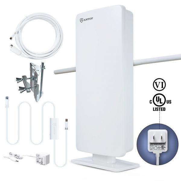 Outdoor HDTV Antenna-ANTOP 400-BV Flat Panel Amplified Antenna with Noise-Free 4G Filter for VHF Enhanced, 70 Miles Multi-Directional Reception Range, 39ft Detachable Coaxial Cable, Waterproof