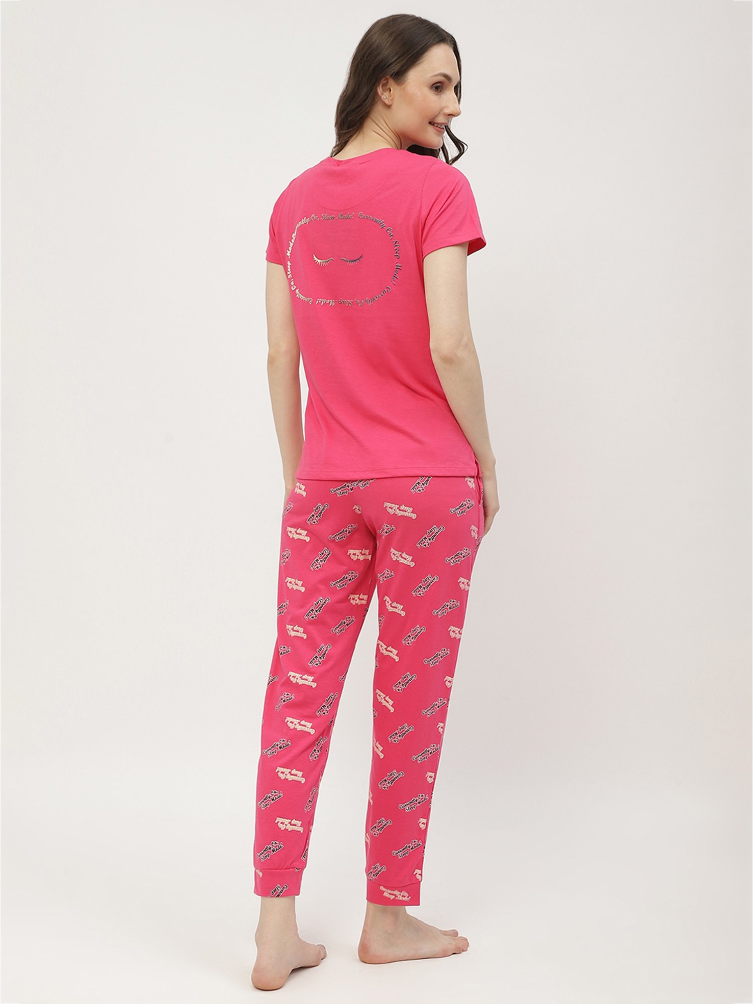MADAME M Secret Pink Cotton Graphic Print T-Shirt With Pyjamas