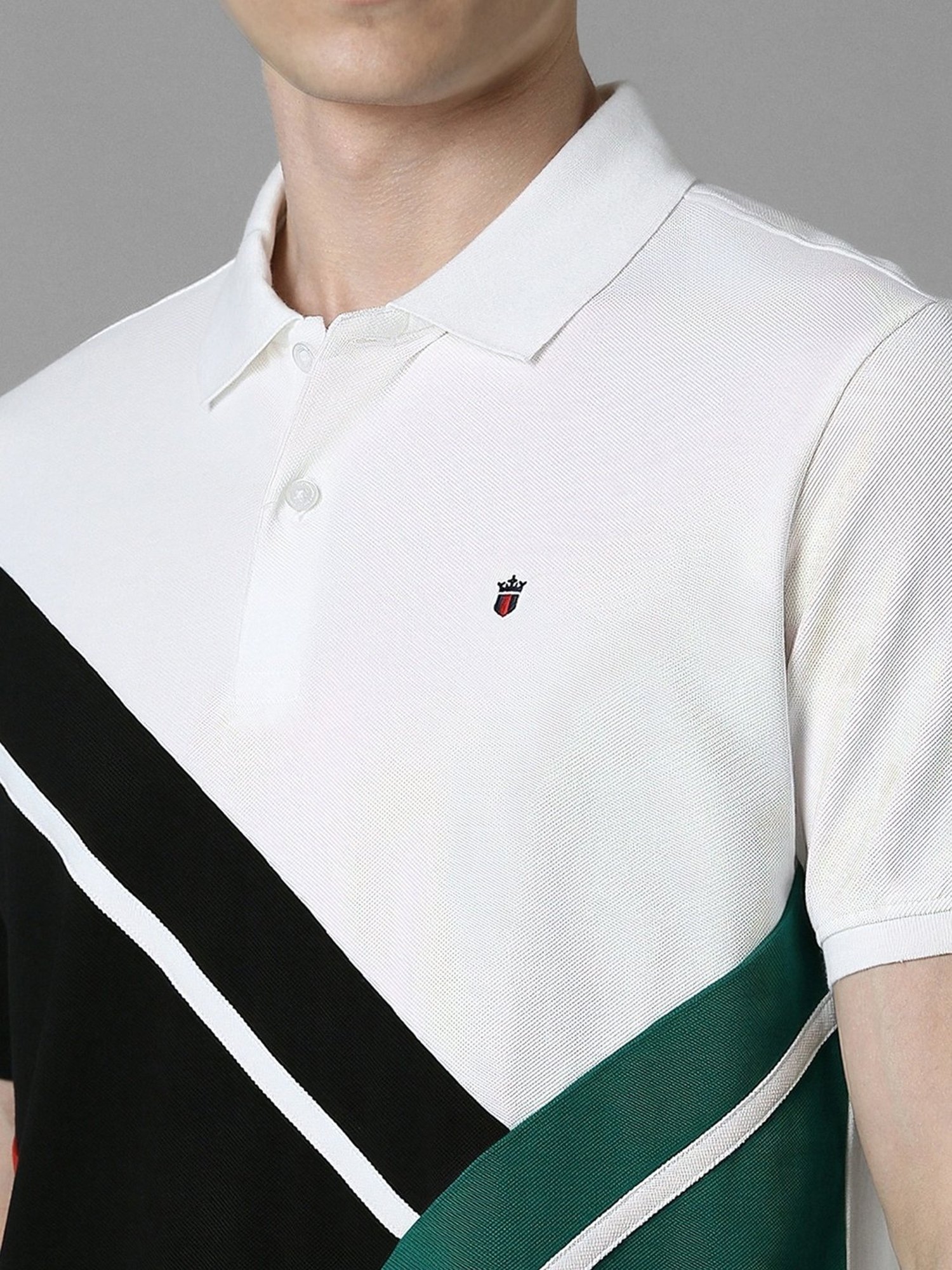 Louis Philippe White Cotton Slim Fit Colour Block Polo T-Shirt