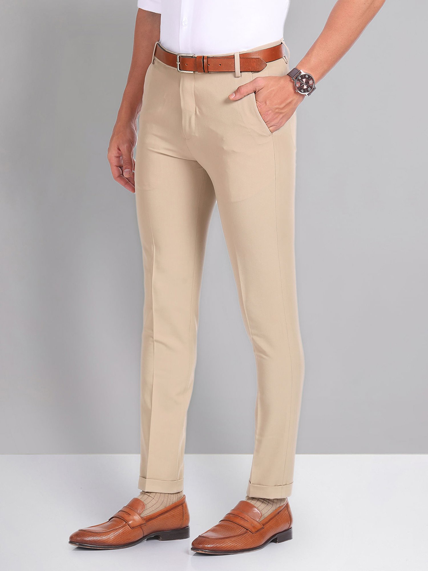 AD by Arvind Light Brown Slim Fit Flat Front Trousers