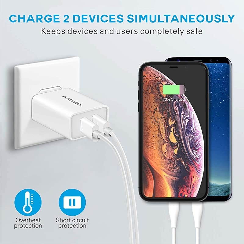 Wall Charger, 2Pack 24W 2-Port USB Plug Cube Travel Wall Charger for iPhone 12/Mini/11/Pro/ProMax/Xs/XS Max/XR/X/8/7, Galaxy10/9, Note10/9, and More