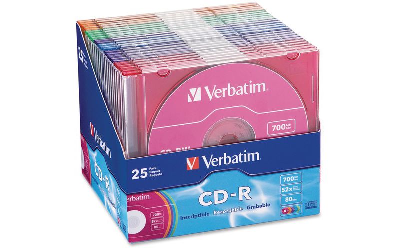 Verbatim CD-R 700MB 52X with Color Branded Surface - 25pk Slim Case, Assorted