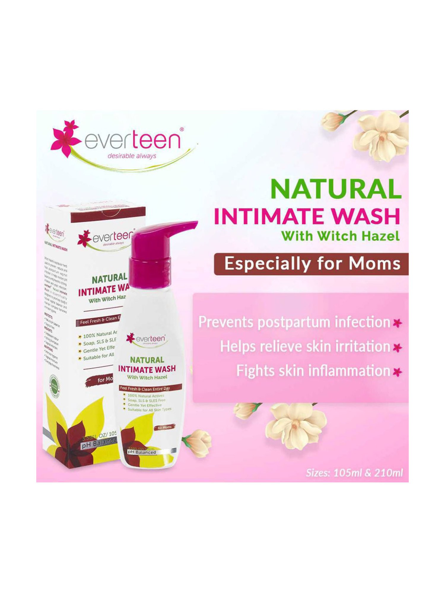 everteen Witch Hazel Natural Intimate Wash for Feminine Intimate Hygiene in Moms - 1 Pack - 105 ml
