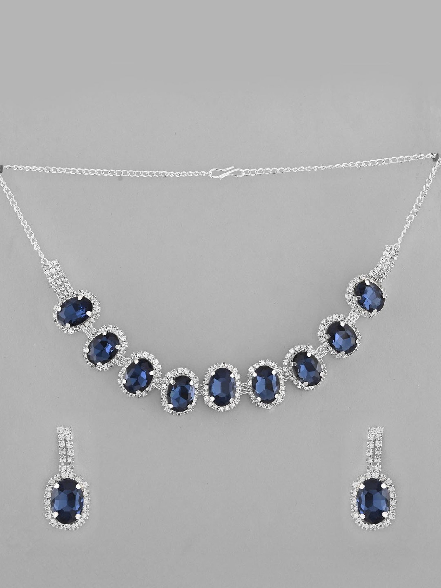 VOJ Silver Plated Ad-Stone Studded with Dark Blue Stone Choker Set for Women