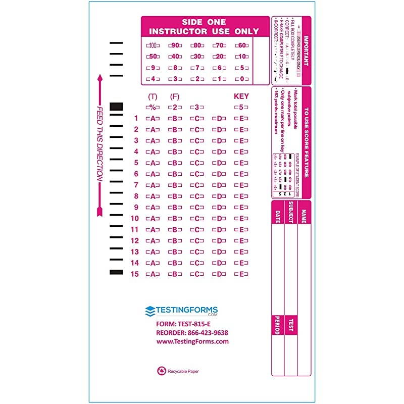 815 E 15 Question Compatible Testing Forms 100 Sheet Pack