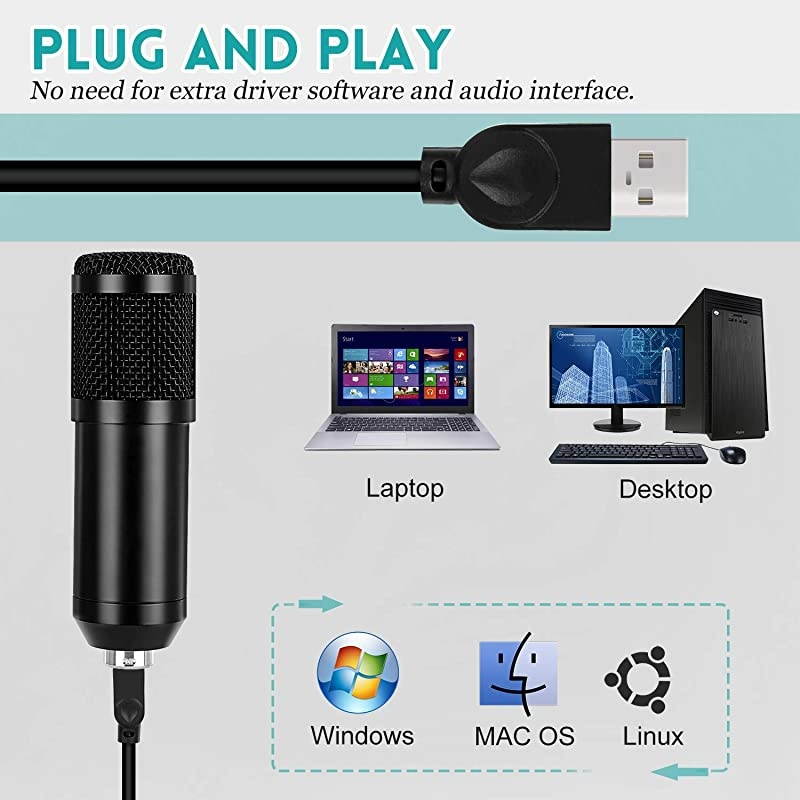 Condenser Microphone for Computer PC 192KHZ24BIT Professional Cardioid Microphone Kit with Adjustable Scissor Arm Stand Shock Mount Pop Filter for Karaoke YouTube Gaming Recording