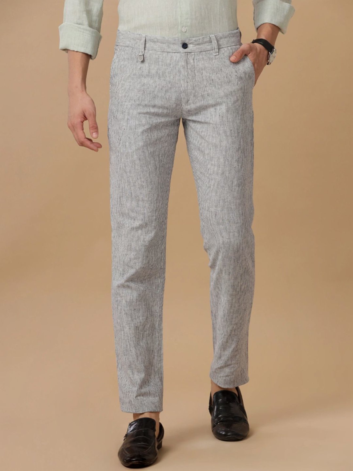 Linen Club Grey Contemporary Fit Striped Trousers