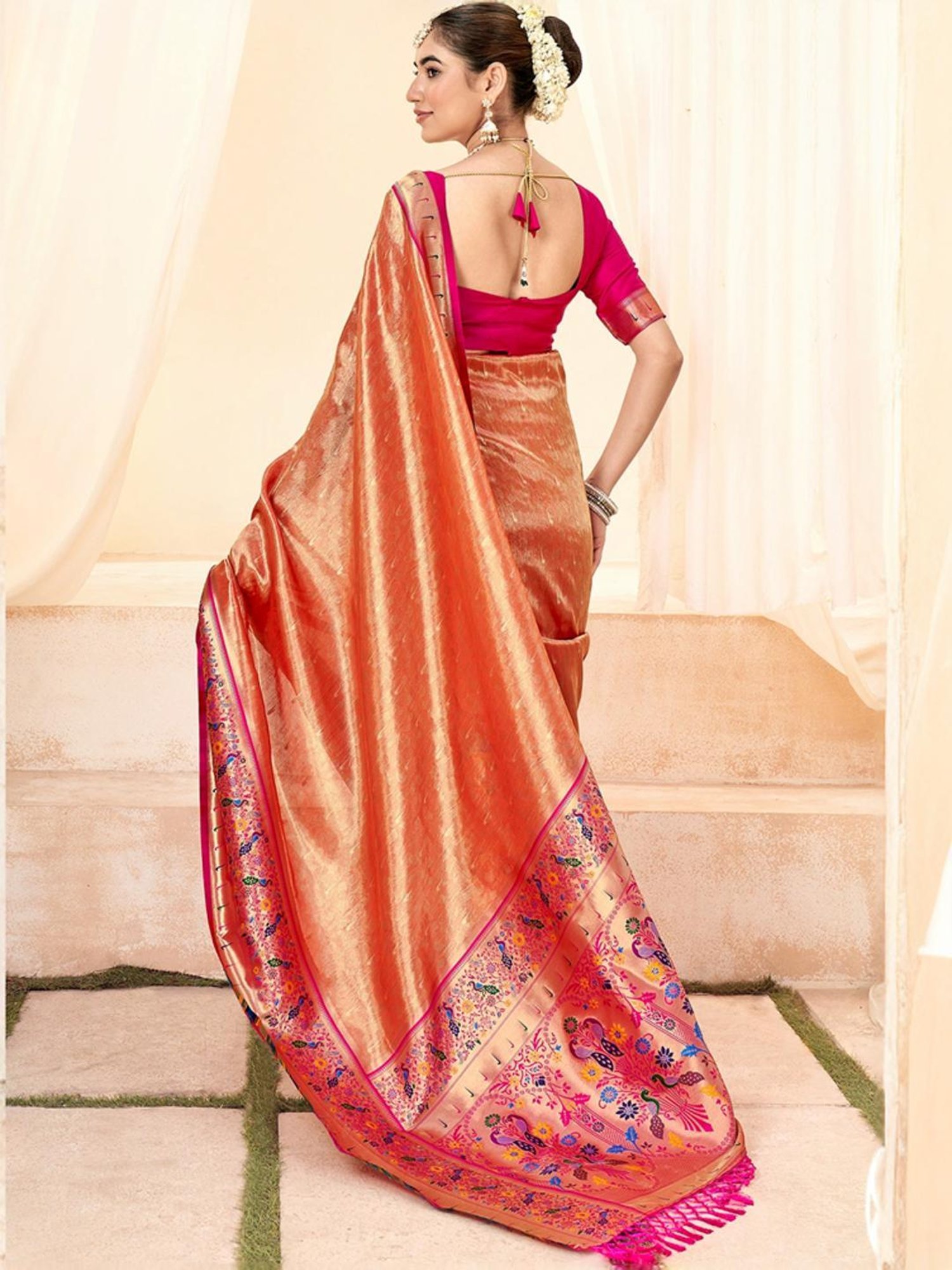 Satrani Orange & Pink Woven Saree With Unstitched Blouse