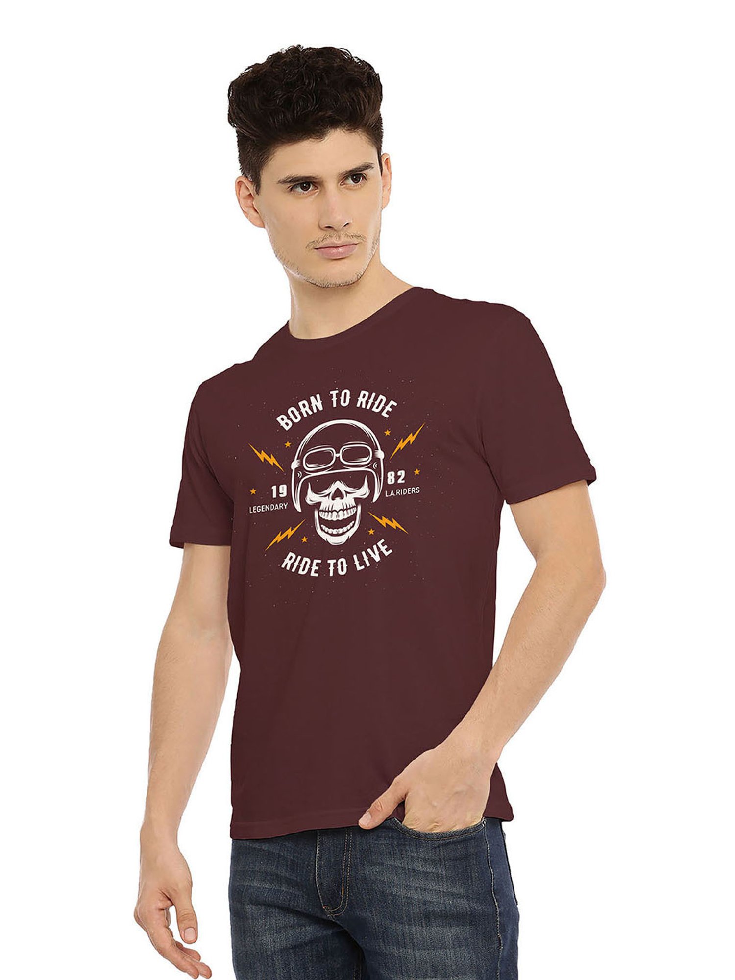 BLACK RADIO Maroon Slim Fit Printed Cotton Crew T-Shirt