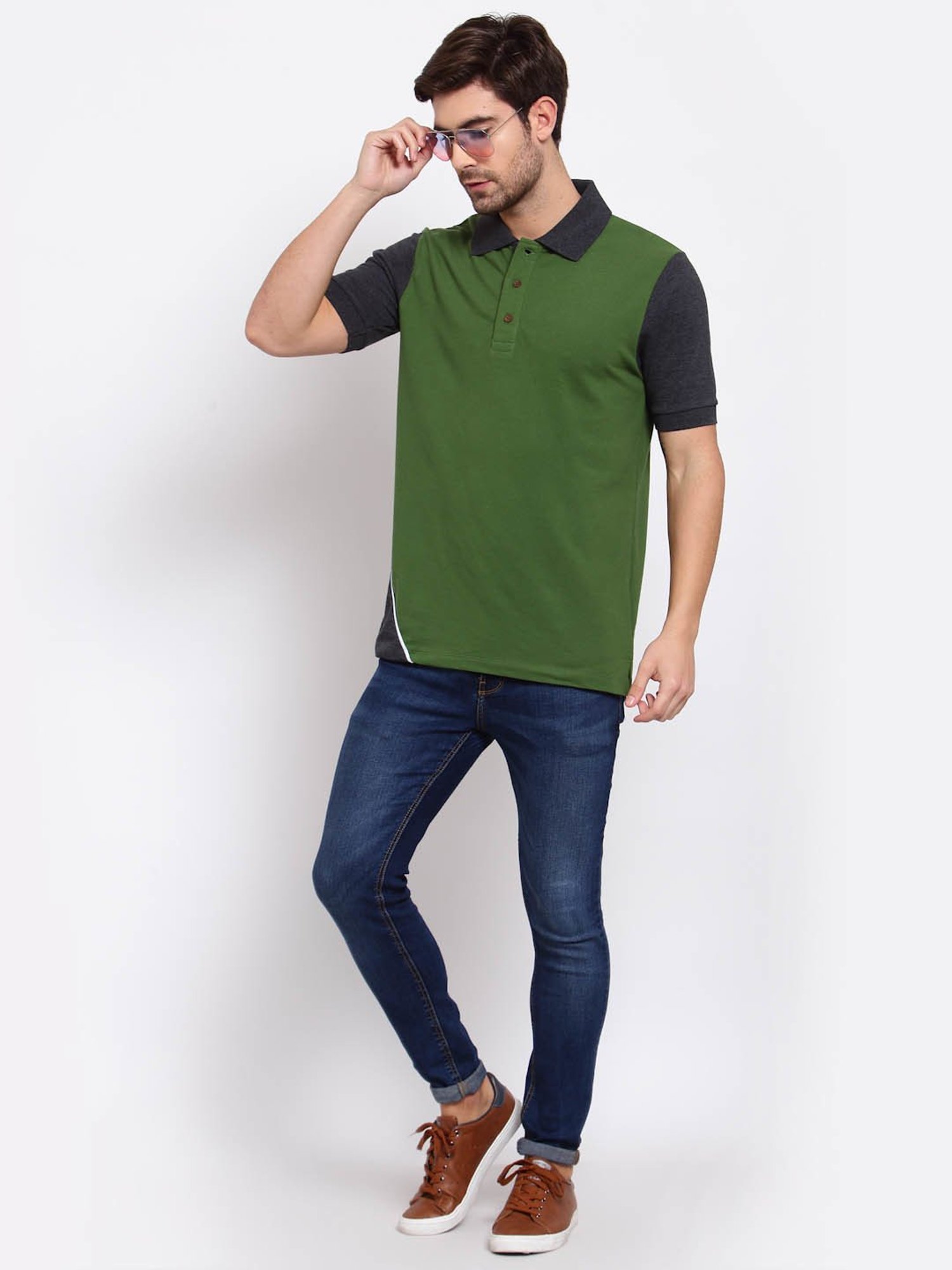 Kalt Green & Dark Grey Regular Fit Colour-Block Polo T-Shirt