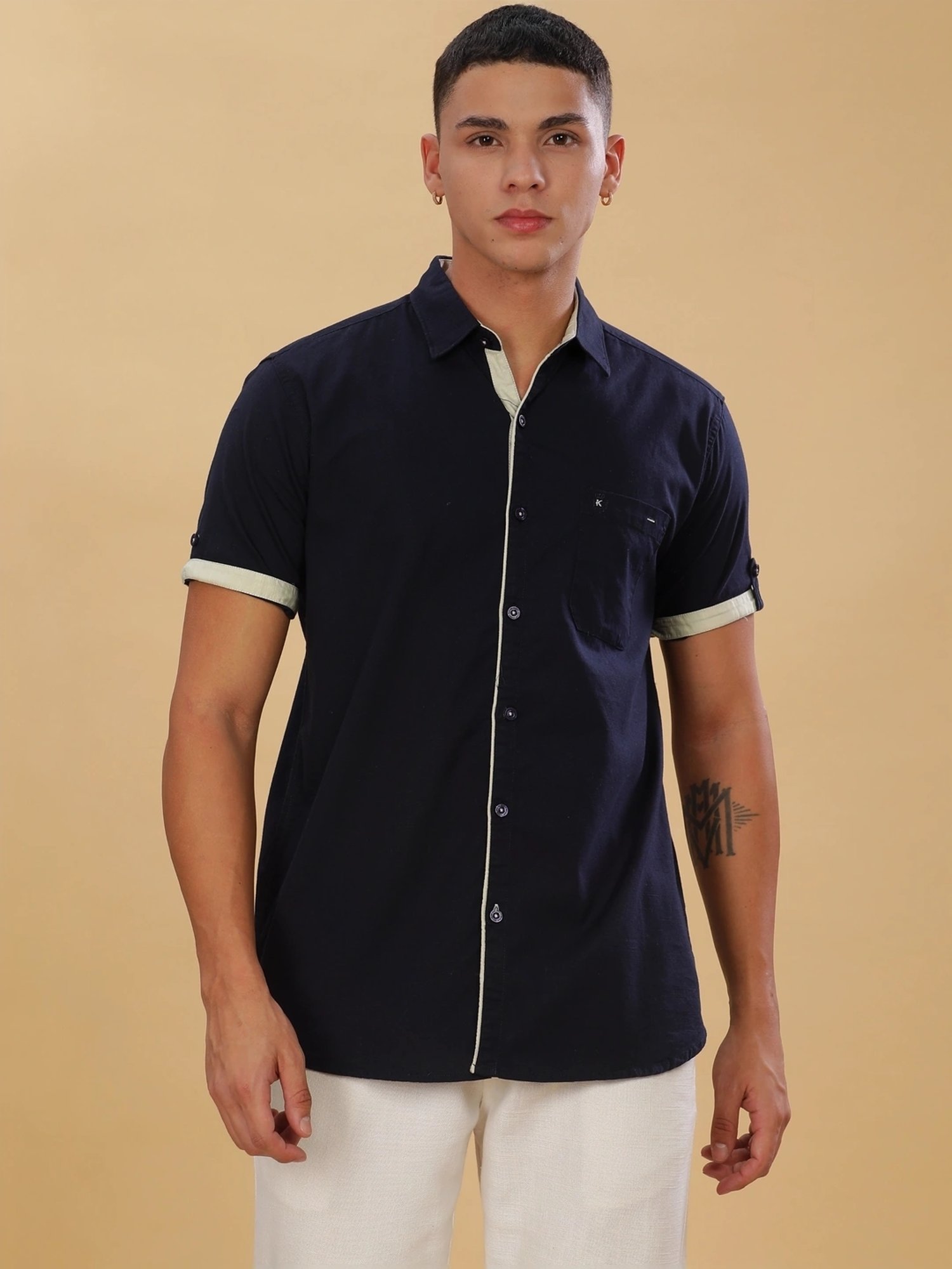 Kuons Avenue Navy Linen Slim Fit Shirt
