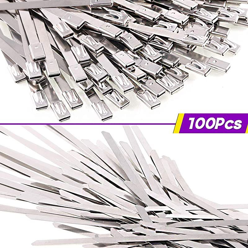 100Pcs 4 Sizes Stainless Steel Exhaust Strap Wrap Coated Locking Cable Zip Ties Perfect for Automotive Parts, Home, Computer Repair - 4&ldquo;, 5.9", 8",11.8"