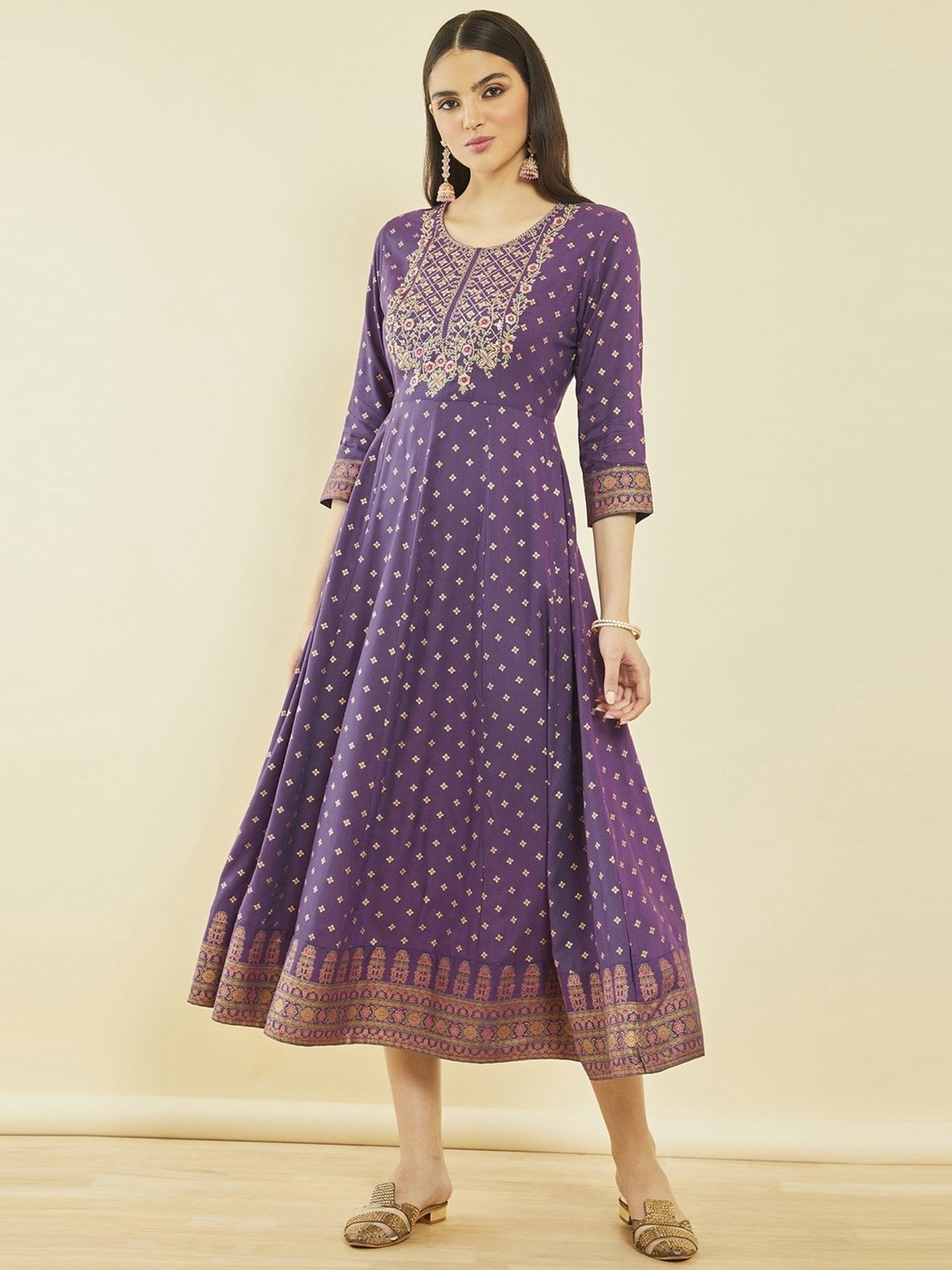 Soch Purple Rayon Floral Embroidered Dress Kurta with Waist Tie-Up
