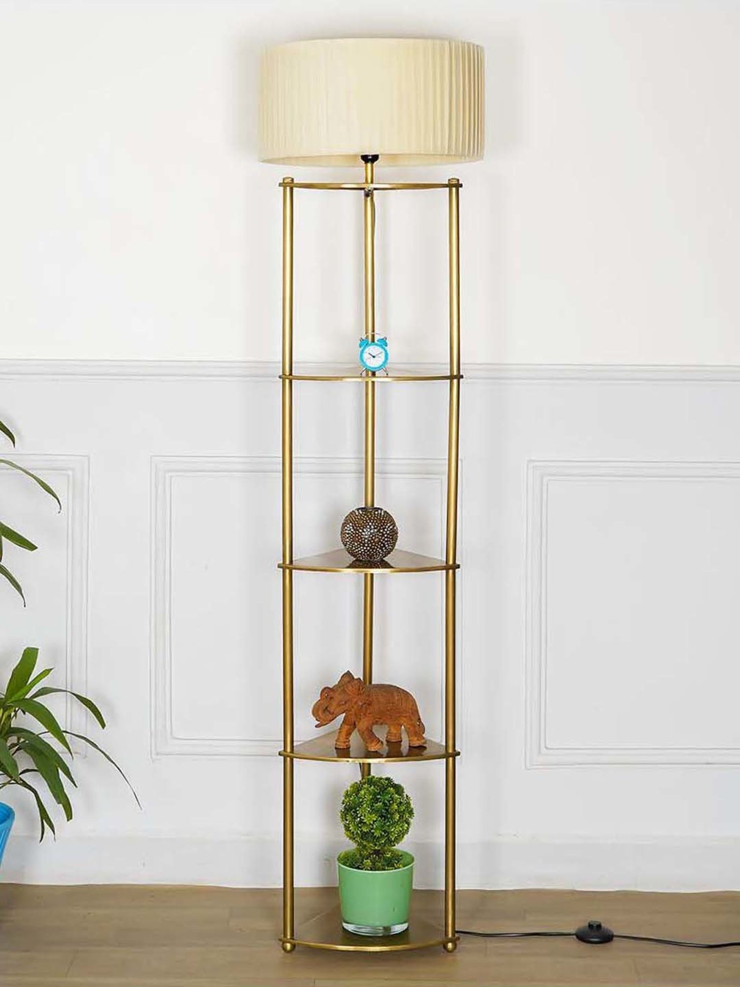 Kapoor E Illuminations Devan Antique Brass Metal Multiutility Shelf Floor Lamp
