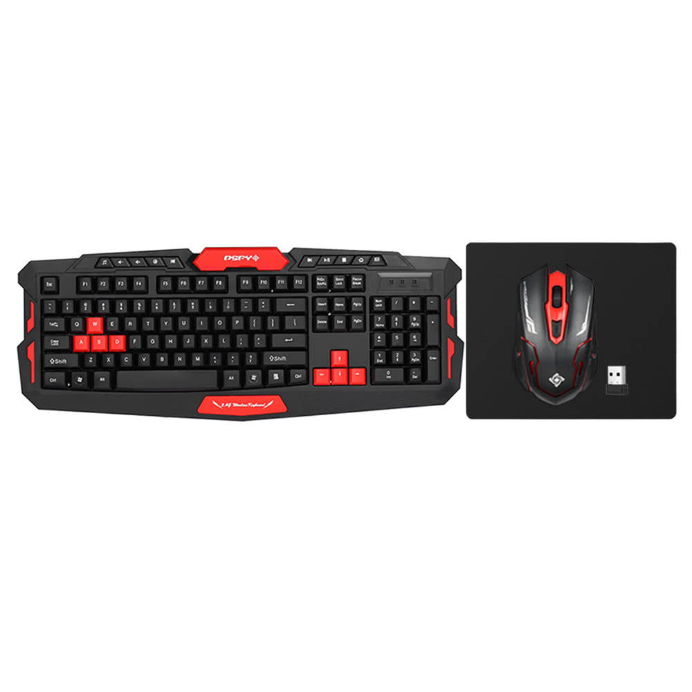 DSFY 2.4GHz Wireless Gaming Keyboard Mouse Combo 19 Keys Anti-ghosting Adjustable DPI USB Receiver Adapter Mouse Mat for Desktop Notebook Laptop PC Computer