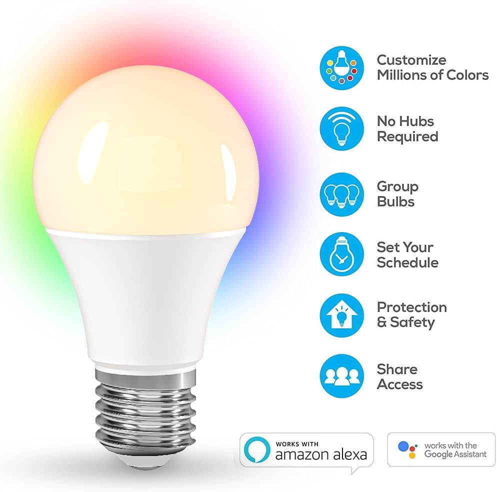 Smart Light Bulb,Works with Alexa Echo Dot,Google (No Hub Required), A19 E26 Color Changing Light Bulb,Dimmable,Voice Remote Group Control, 2 Pack