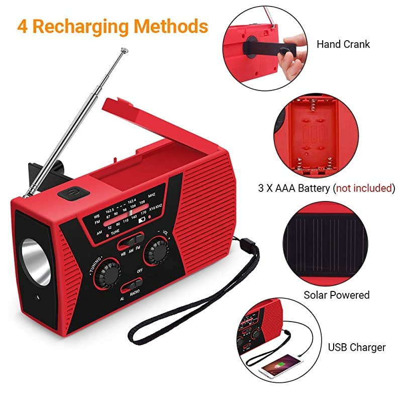SOS 2000mAh Emergency Solar Hand Crank Portable Radio,NOAA Weather Radio for Household and Emergency with AM/FM,LED Flashlight,Reading Lamp,USB Charger,Battery Indicator (Red 1)