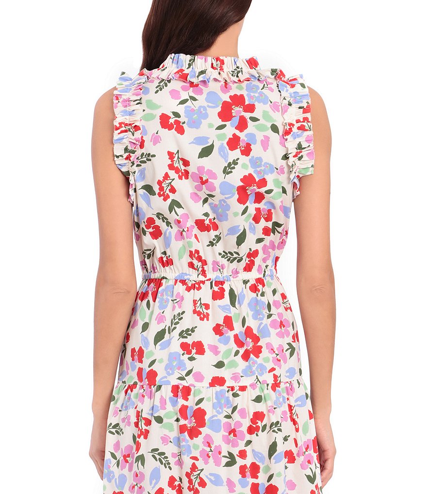 Maggy London Petite Size Sleeveless Poplin Floral Split V-Neck Dress