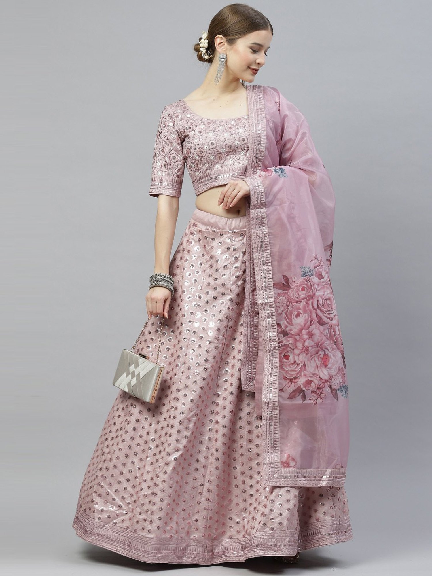 SHUBHKALA Dusty Pink Silk Embellished Lehenga and Choli Set With Dupatta