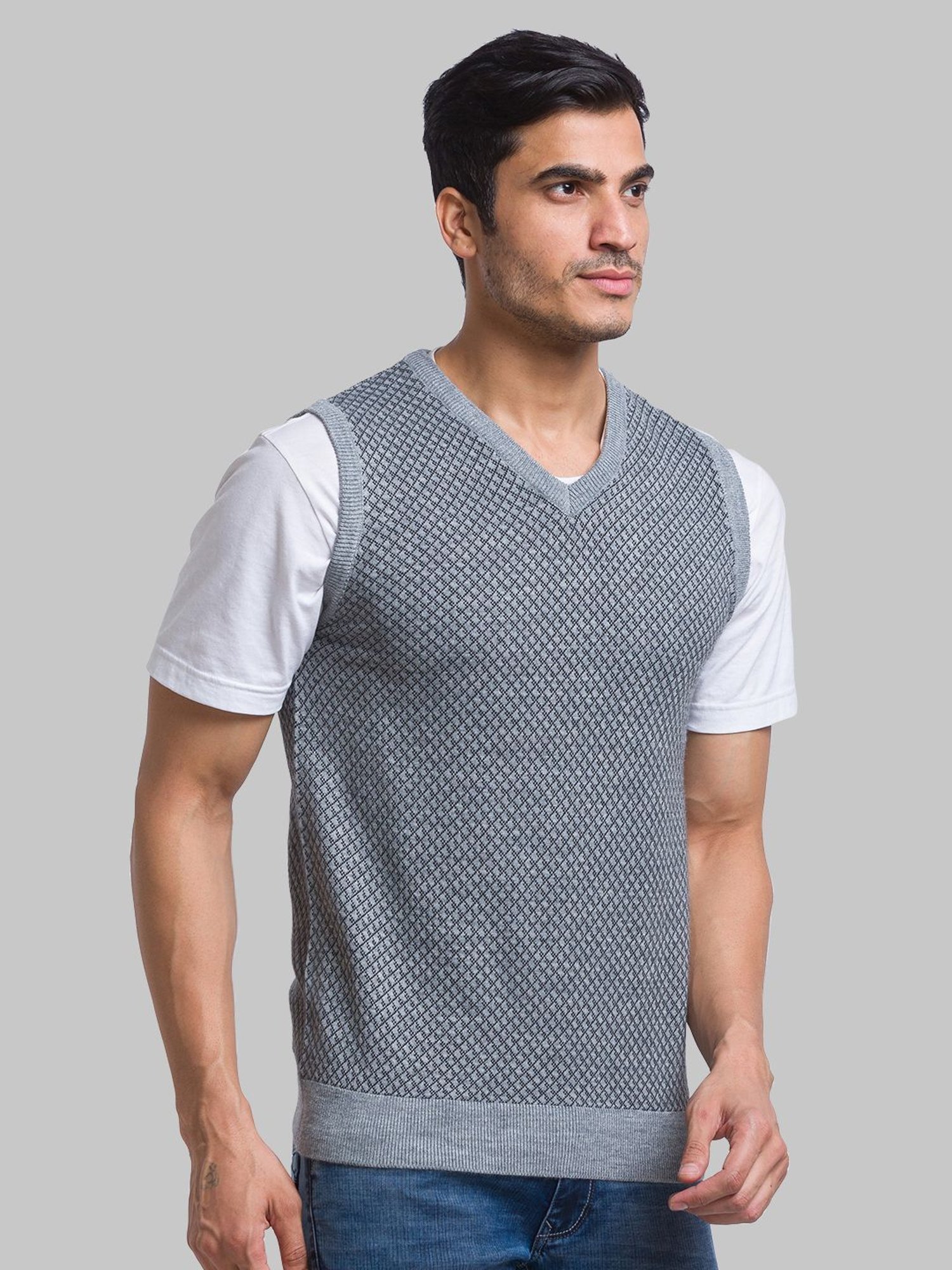 Parx Grey Regular Fit Checks Sweater