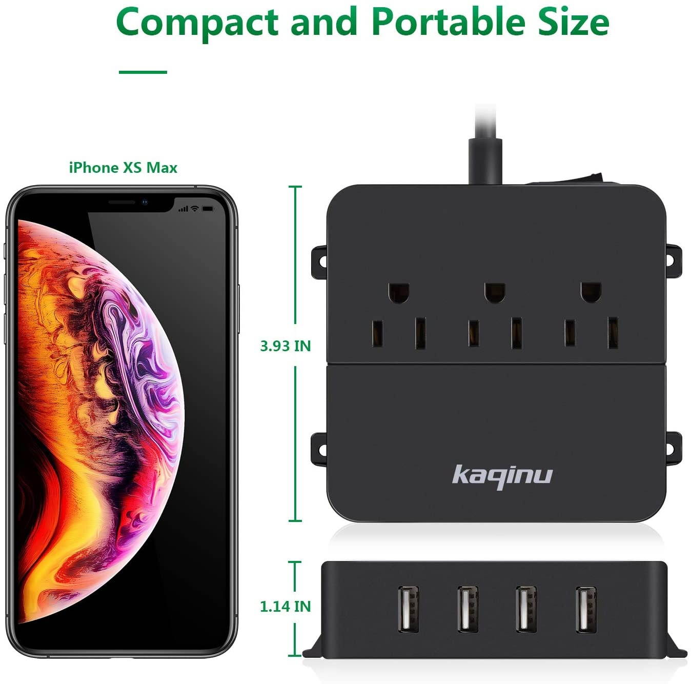 Power Strip with USB - Wall Mountable Power Strip with 4 USB Ports & 3 Outlets with On/Off Switch & 5ft Extension Cord for Cruise Ship, Travel, Hotel, Office (Black)