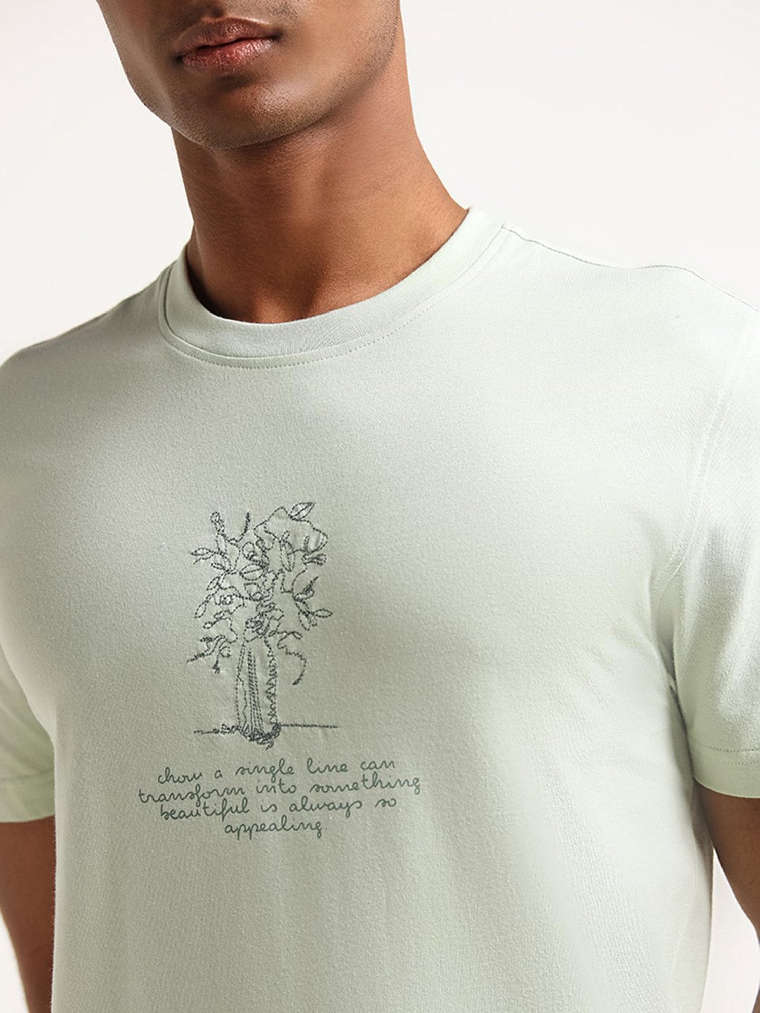 Nuon by Westside Green Slim Fit Embroidered T-Shirt