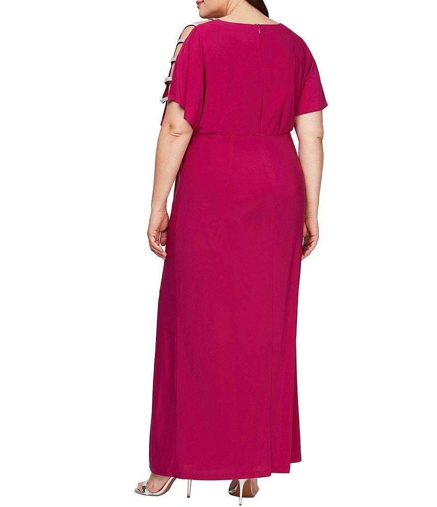 Alex Evenings Plus Size V-Neck Embellished Short Sleeve Knot Front Stretch Matte Jersey Gown