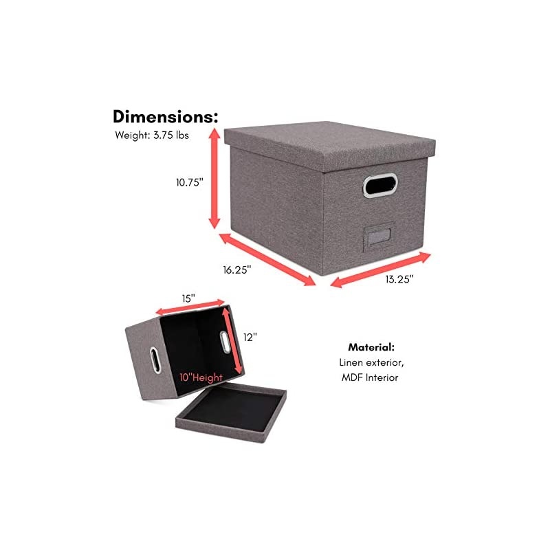Collapsible File Storage Organizer with Lid - Decorative Linen Filing & Storage Office Box &ndash; Hanging Letter/Legal Folder &ndash; Home Office Bins Cabinet &ndash; Grey Container - 2 Pack