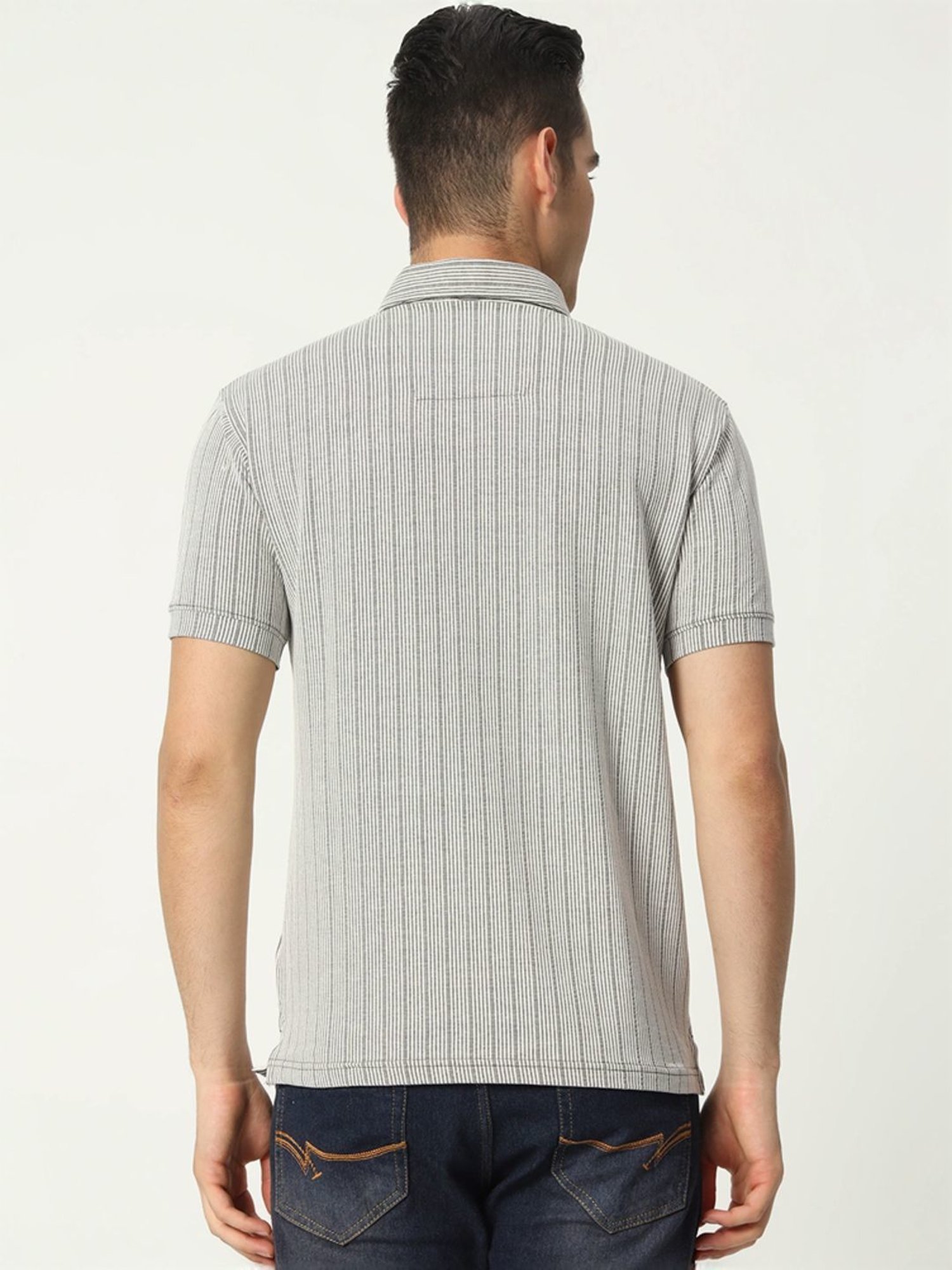Tab91 Silver Regular Fit Striped Polo T-Shirts