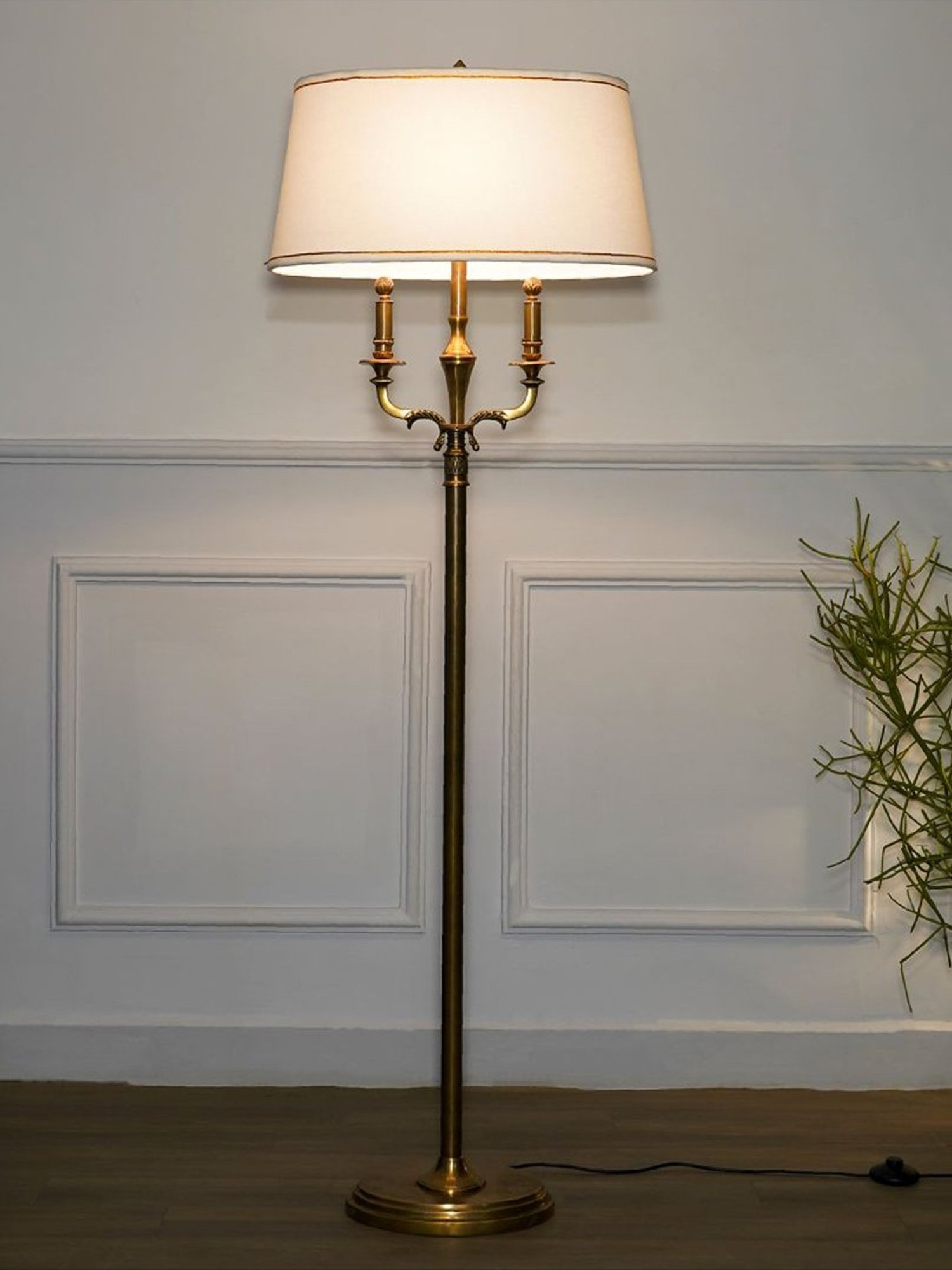 Kapoor Lamp Shades Brass & White Nixon Pure Cotton Shade Floor Lamp