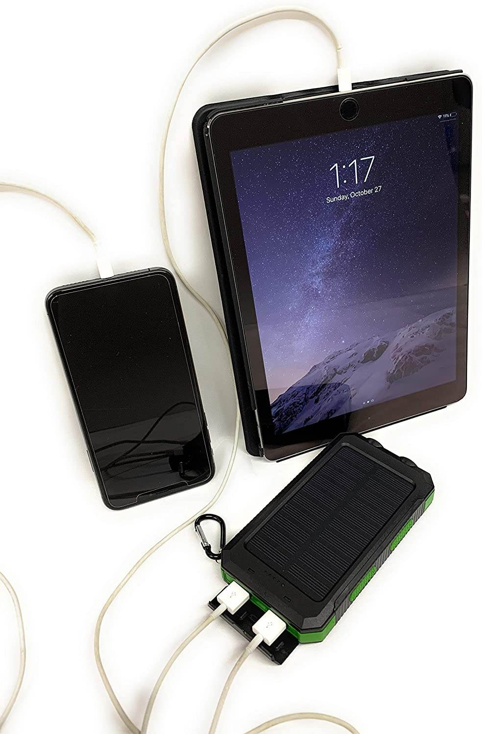 Waterproof Solar Cell Phone Charger USB Solar Battery Charger Solar Battery Pack Battery Backup Portable Power for with Protective Carry Case. 2 USB charging ports. Charging cord included.