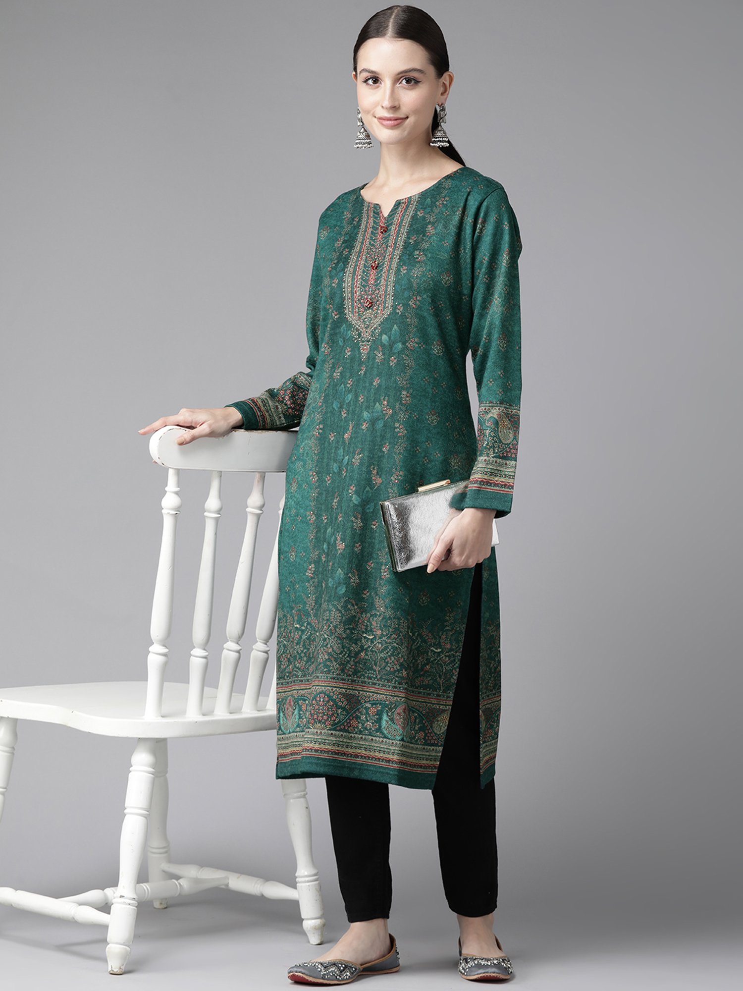 Cayman Green Floral Print Straight Kurta