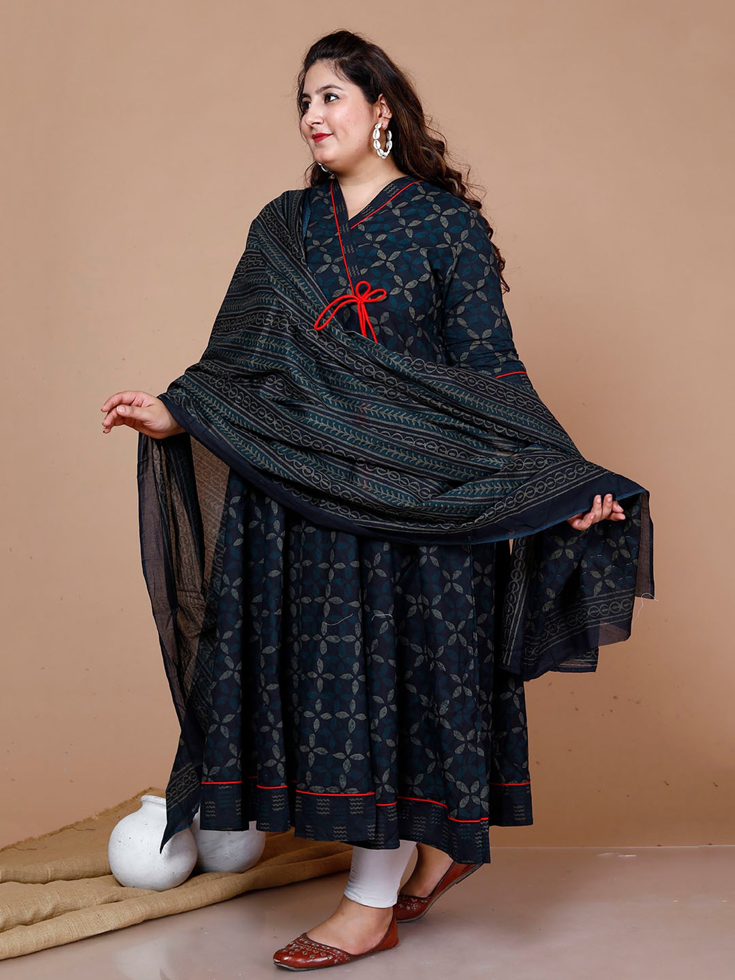 Miravan Blue Printed Fit & Flare Kurta With Dupatta