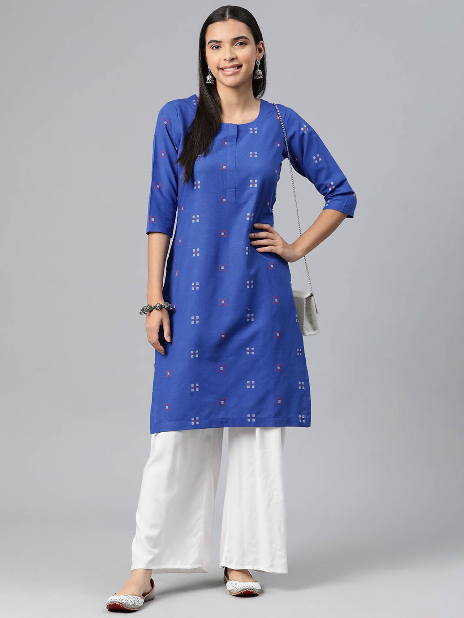 One Femme Blue Cotton Self Design A Line Kurti