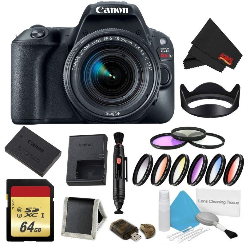 Canon EOS Rebel SL2 DSLR Camera with 18-55mm Lens (Black) 9 Piece Filter w/ Memory Kit (Intl Model)
