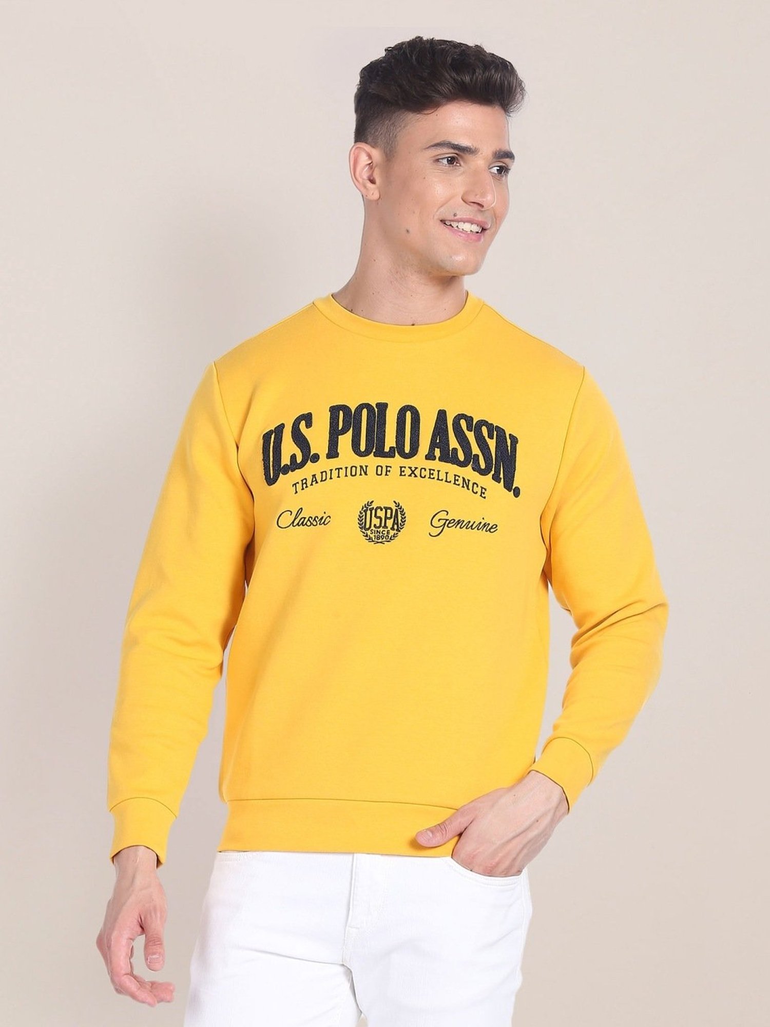 U.S. Polo Assn. Yellow Cotton Regular Fit Self Pattern Sweatshirt