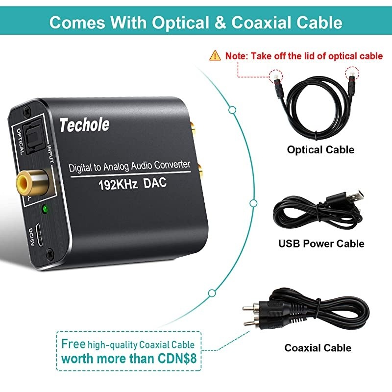 Digital to Analog Audio Converter-192kHz  Aluminum Optical to RCA with Optical &Coaxial Cable. Digital SPDIF TOSLINK to Stereo L/R and 3.5mm Jack DAC Converter for PS4 Xbox HDTV DVD Headphone