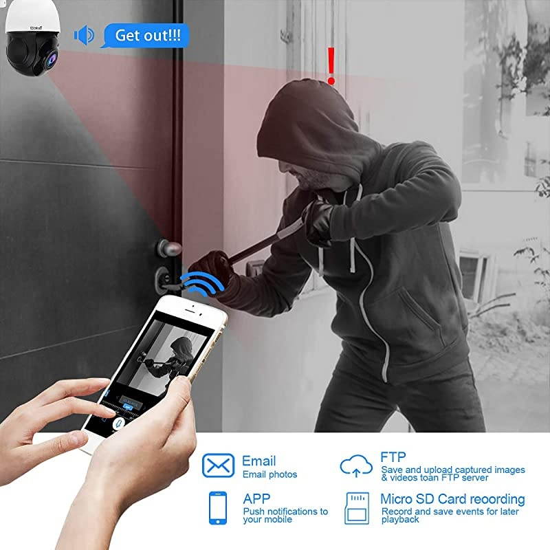 PTZ WiFi Security Camera Outdoor, 20x Zoom Smart Surveillance IP Camera, 1000ft View Distance/SDM Array IR Night Vision/Detection Alarm / 2-Way Audio/SD Card Slot/ONVIF/ IP66 Waterproof