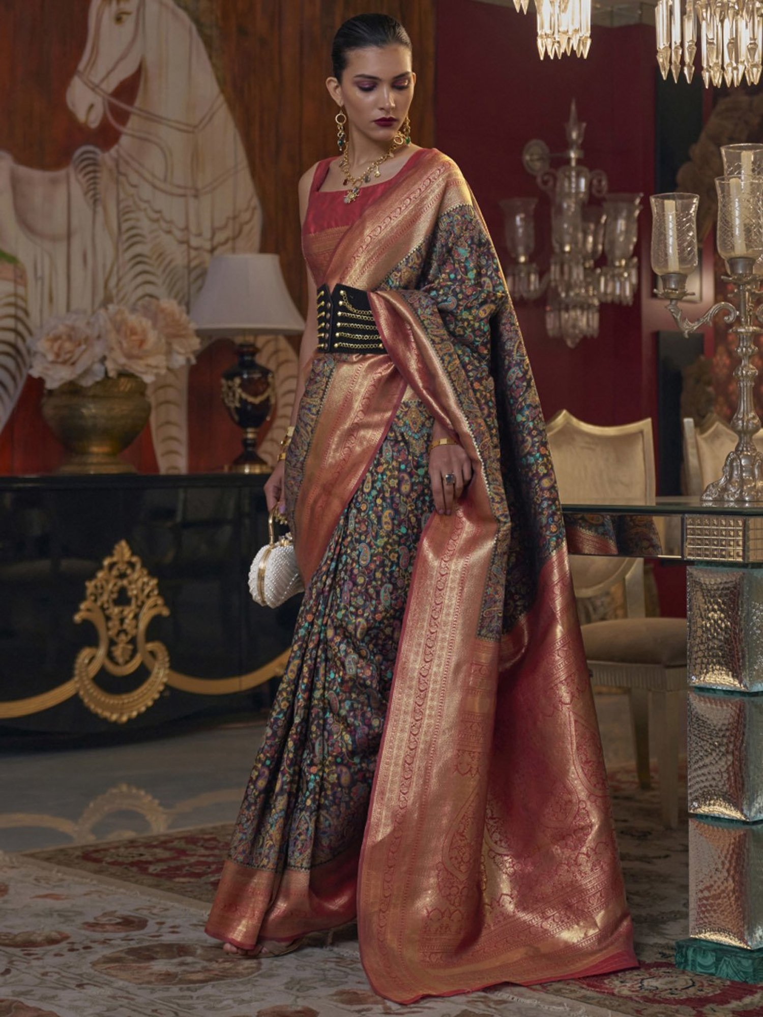 Elora Brown Silk Woven Saree With Unstitched Blouse