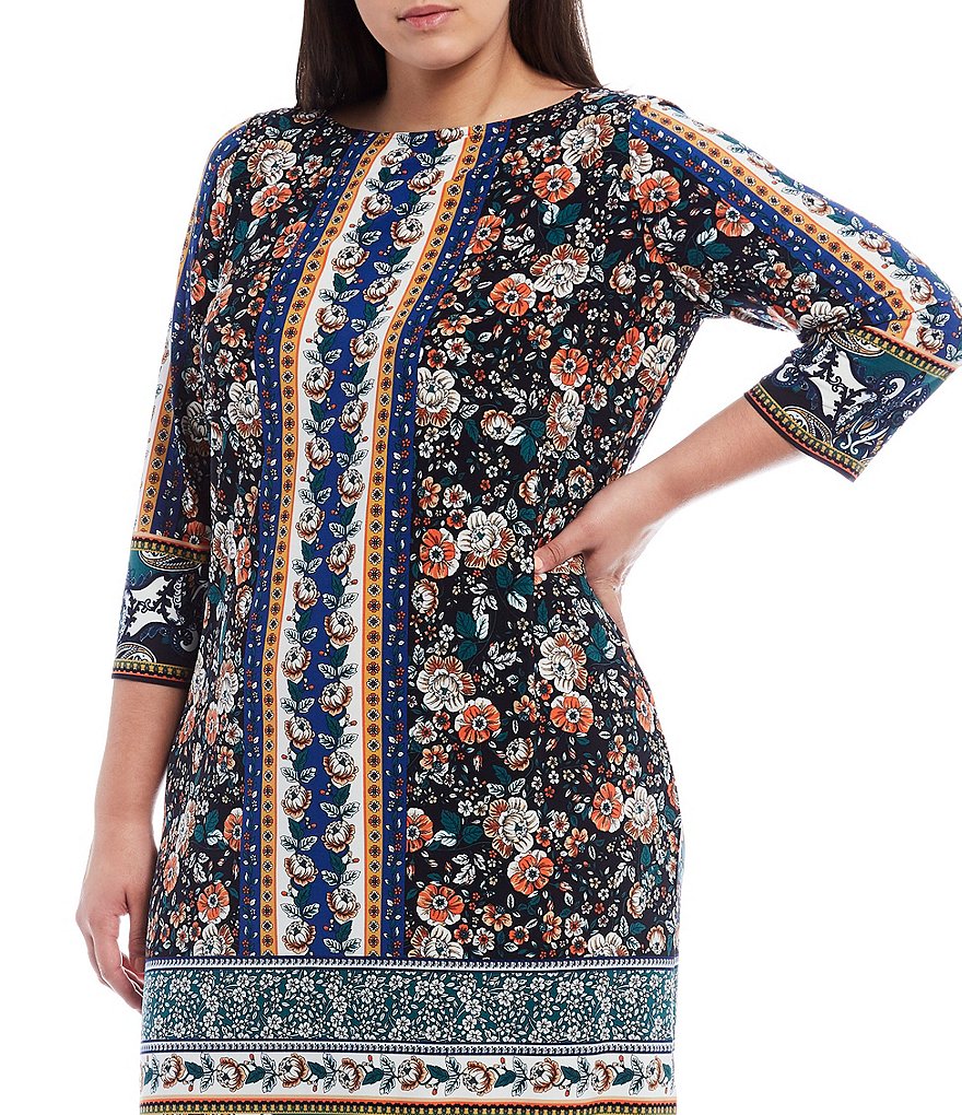 London Times Plus Size Round Neck 3/4 Sleeve Floral Printed Jersey Shift Dress