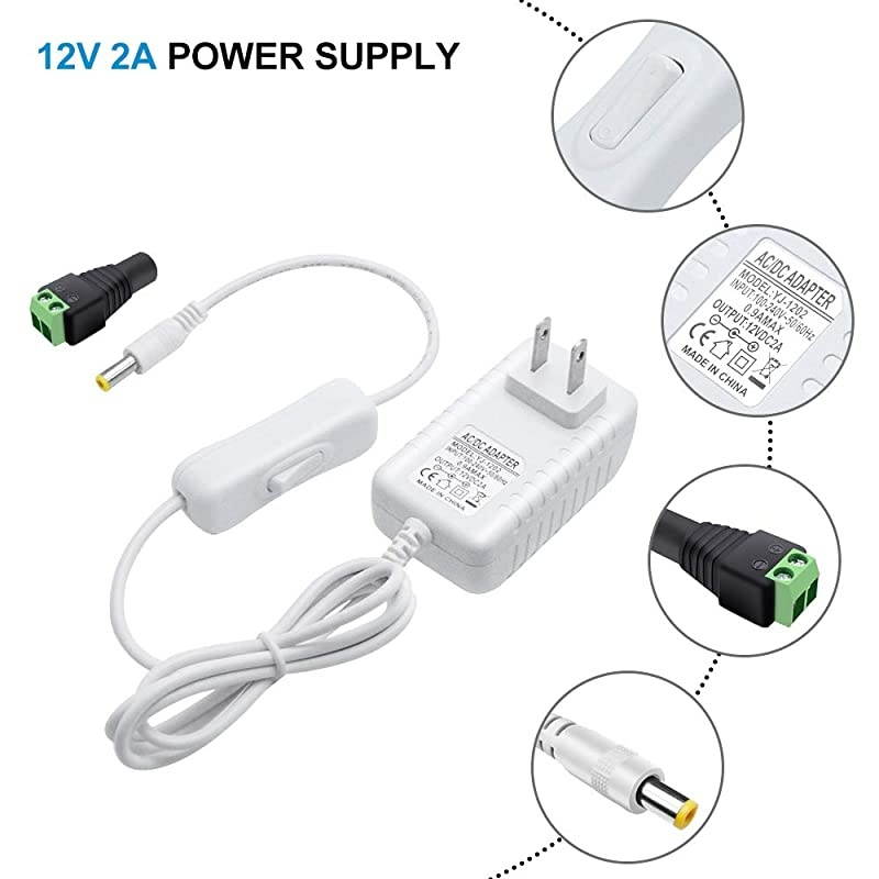 2A 24W LED Strip Power Supply with On and Off Switch, AC/DC Switching Power Adapter, 100-240V to Wall Wart Transformer for LED Strip Light 5.5/2.1 DC Female Barrel Connector to Screw Adapter