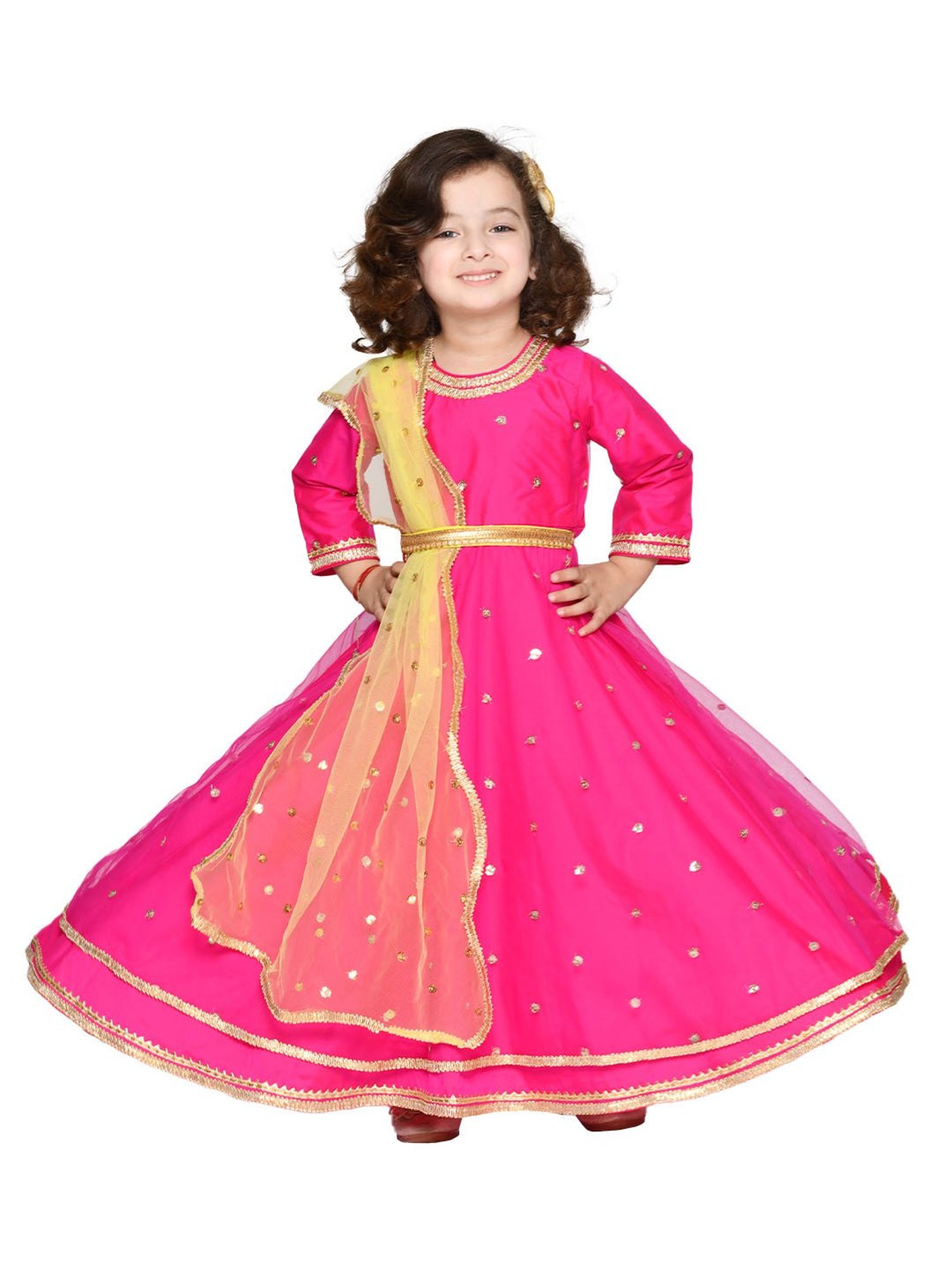 Saka Designs Kids Pink & Yellow Embellished Gown with Attached Dupatta & Belt