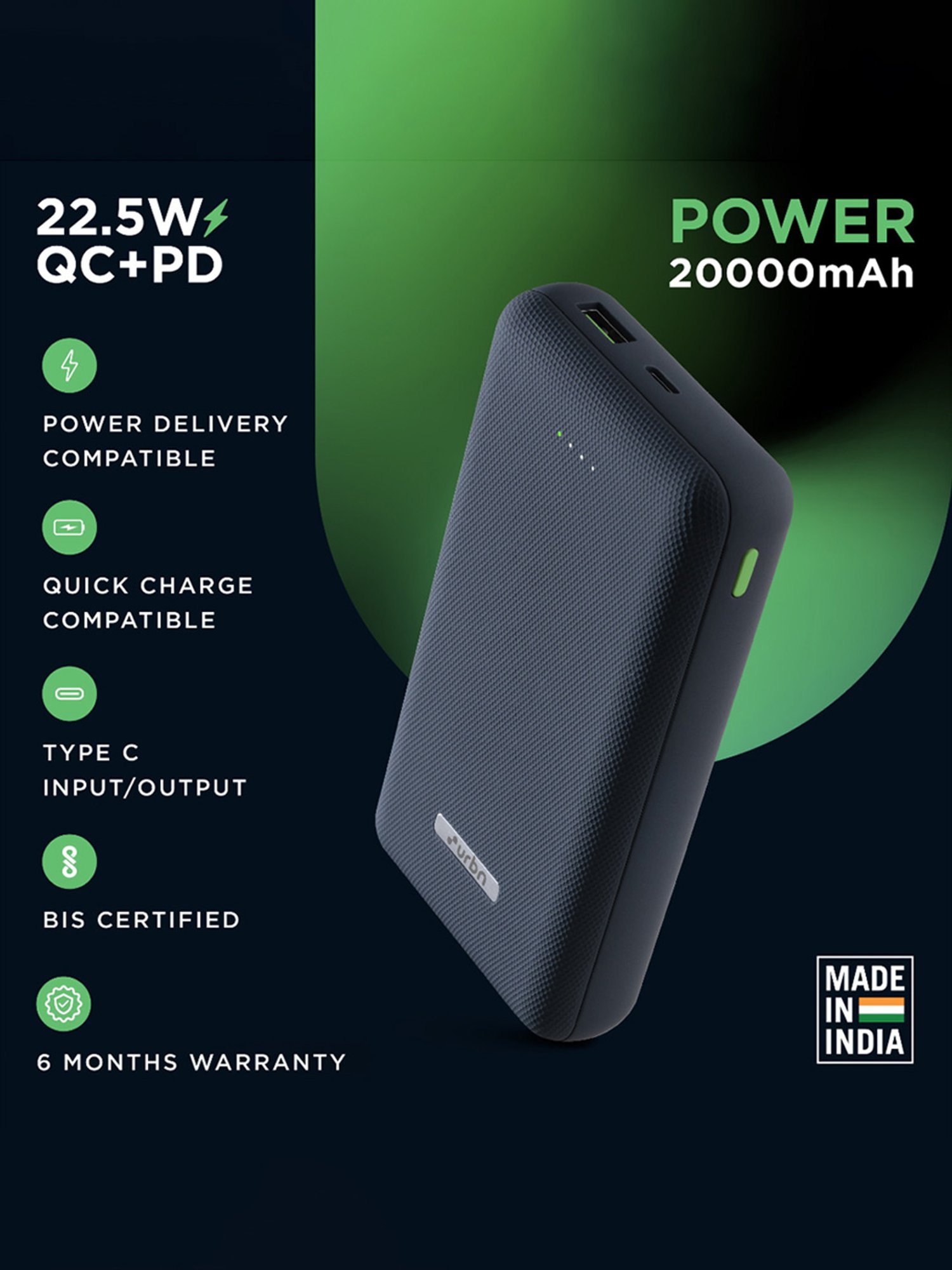 URBN 20000 mAh Lithium Polymer 22.5W Super Fast Charging Ultra Compact Power Bank (Blue)