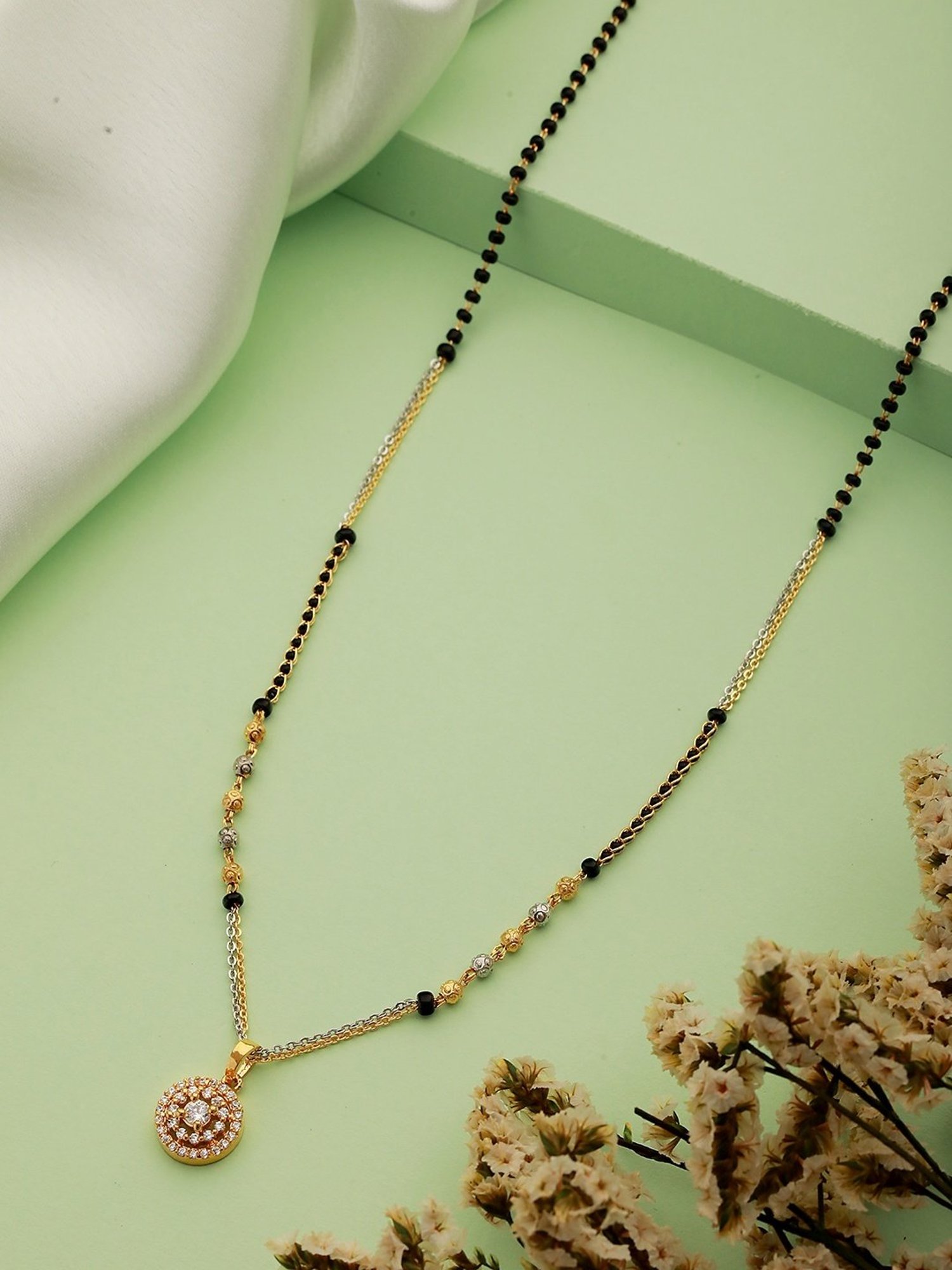 Abdesigns Gold-Plated American Diamond & Black Beaded Mangalsutra