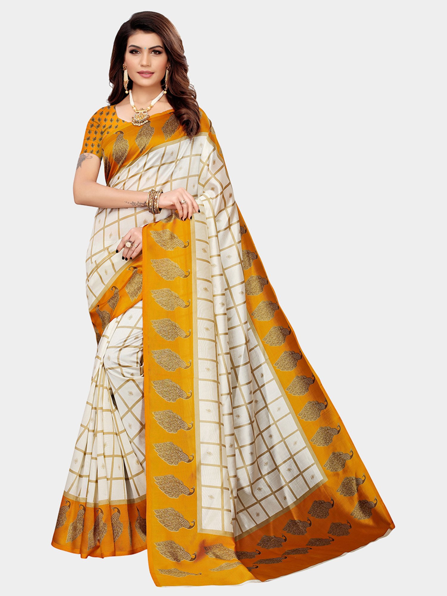 KSUT Yellow Check Saree With Blouse
