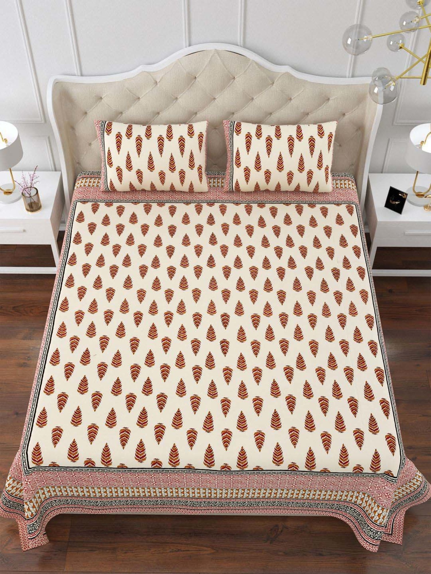 Aapno Rajasthan Evergreen Desert Red & Orange Cotton 140 GSM Double Bedsheet With 2 Pillow Cover