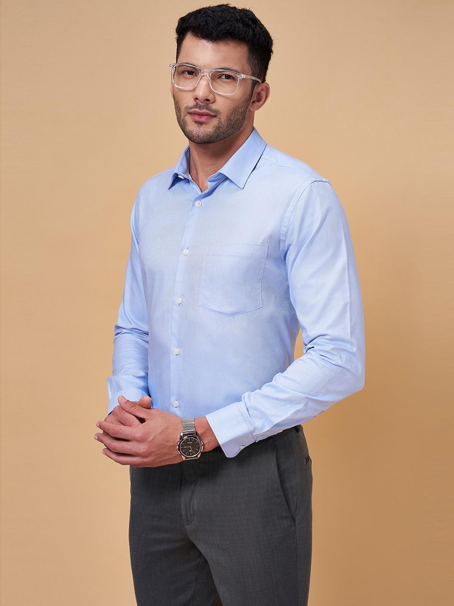 Peregrine by Pantaloons Light Blue Cotton Slim Fit Shirt