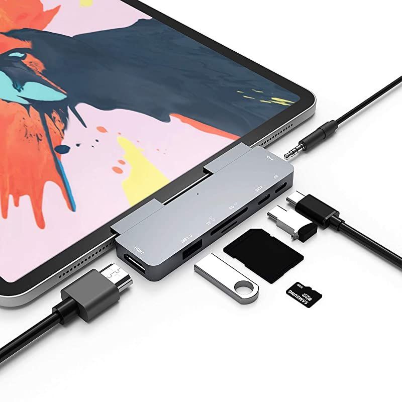 USB C Hub for iPad Pro/ iPad Air 4/ USB C MacBook,  7-in-1 Hub Adapter with 4K HDMI, 60W USB-C PD Fast Charging, 3.5mm Headphone Jack & Type C Data, USB 3.0, SD/TF Card Reader