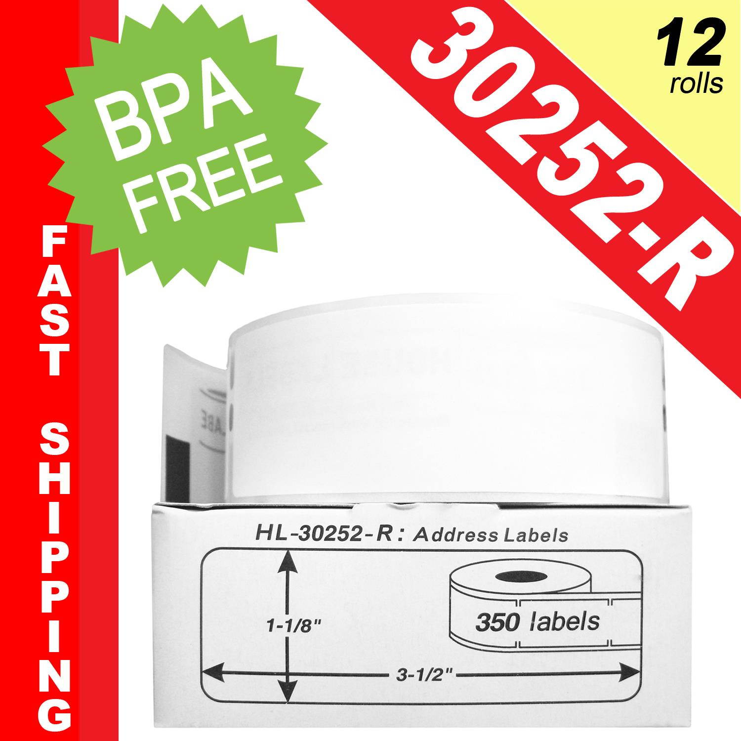 DYMO-Compatible 30252-R REMOVABLE Address Labels (1-1/8" x 3-1/2") -- BPA Free! (12 Rolls; 350 Labels per Roll)